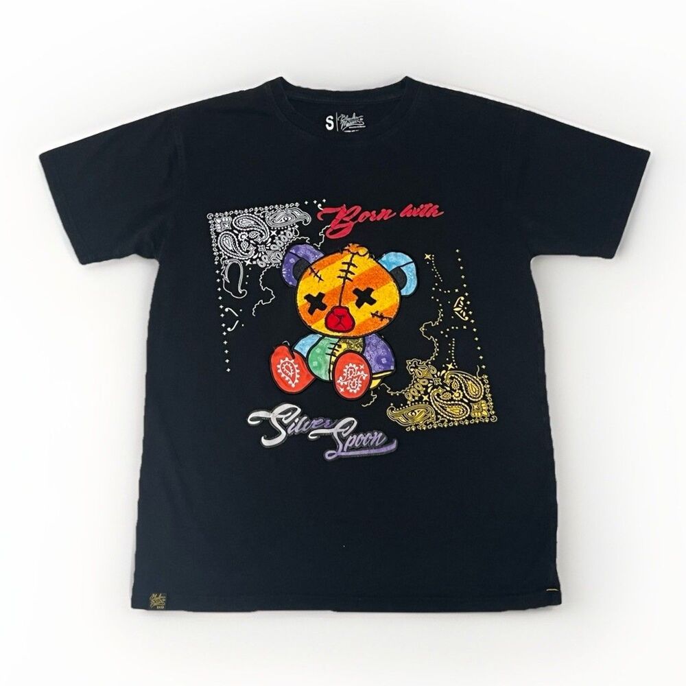 Bleecker & Mercer T Shirt Mens Small Black 3D Teddy Bear Silver Spoon Streetwear